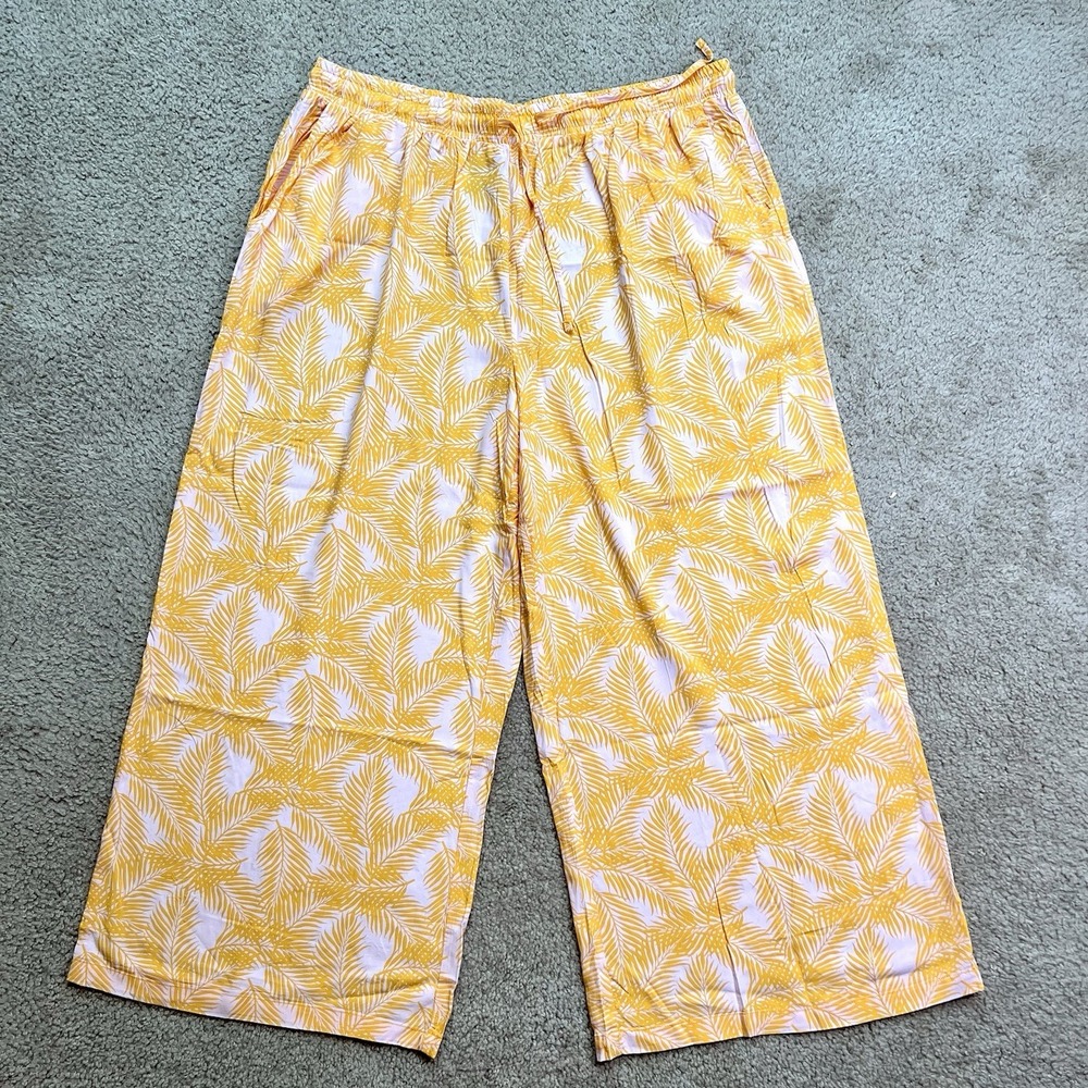 MUK LUKS Dream Weave Wide Leg Cropped Lounge Pants Size XL Yellow Floral